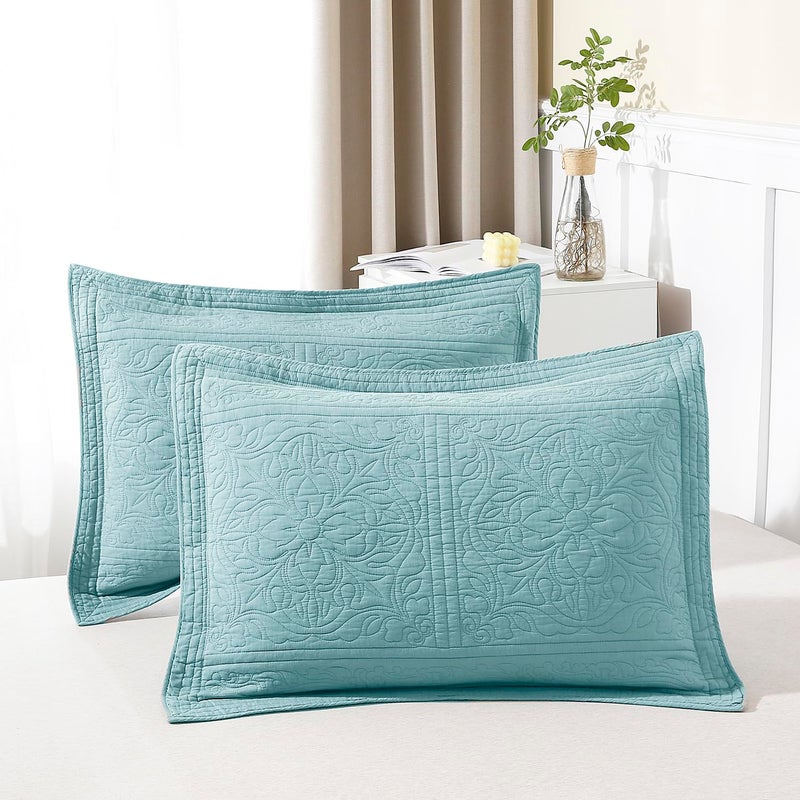 WINLIFE 100% Cotton Quilted Pillow Sham Floral Printed Pillow Cover (Standard, Aqua Blue) - Image 1